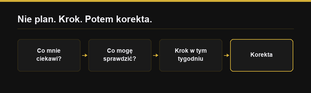 Oś czterech kroków wyjścia z zawodowego zastoju: co mnie ciekawi, co mogę sprawdzić, jaki krok zrobię w tym tygodniu, potem korekta.