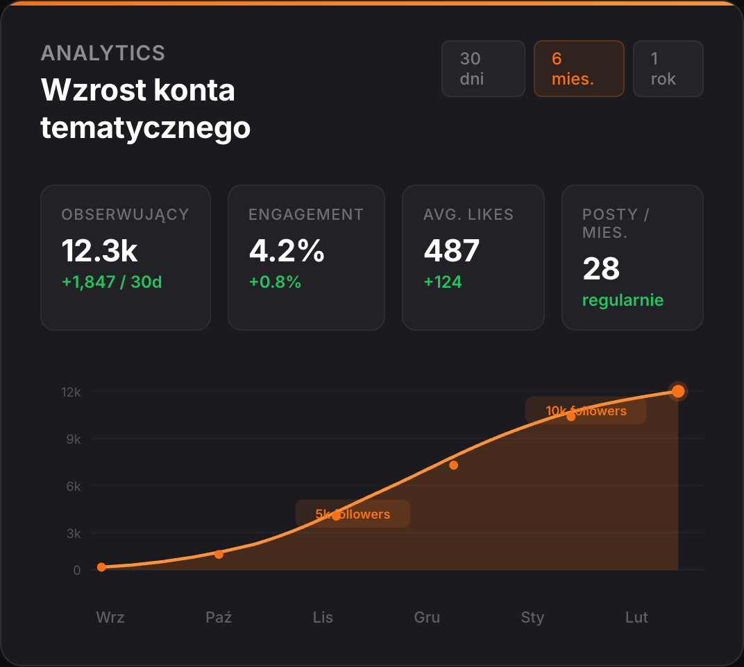 Analytics – wykres wzrostu konta od 0 do 12.3k followers, engagement 4.2%